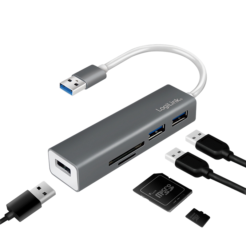 USB-Hub LogiLink Type-A 3-Port USB3.0 grau Kartenleser