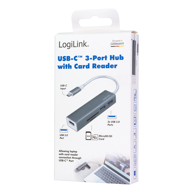 USB-Hub LogiLink Type-C 3-Port USB3.0 grau Kartenleser