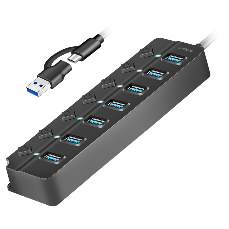 USB-Hub LogiLink Type-A/-C 7-Port USB3.2 schwarz Schalter