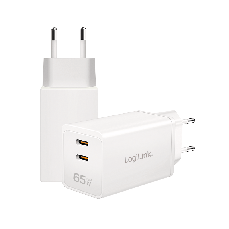 USB-Netzteil LogiLink 2xUSB-C 65W PD GaN weiß
