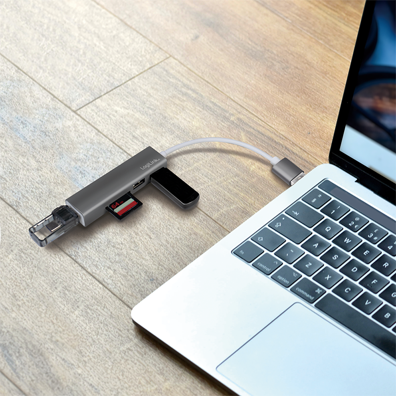 USB-Hub LogiLink Type-A 3-Port USB3.0 grau Kartenleser