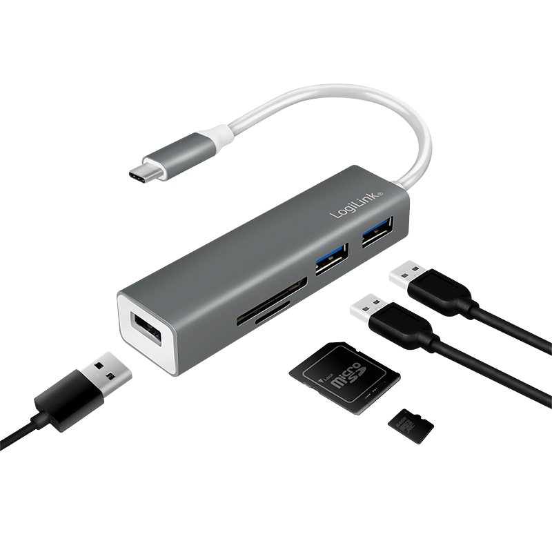 USB-Hub LogiLink Type-C 3-Port USB3.0 grau Kartenleser