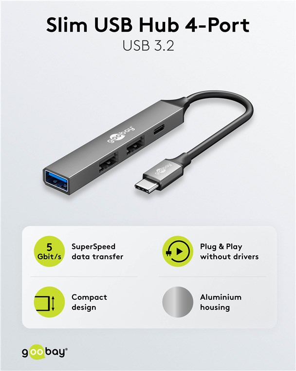 USB-Hub Goobay USB Type-C 4-Port USB3.0/2.0 grau