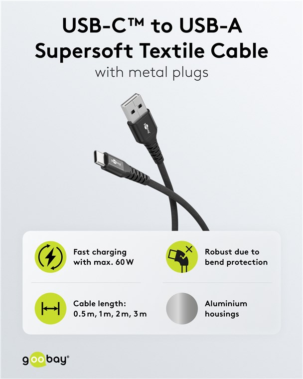 USB-Kabel Goobay USB2.0 Textil A-m/Type-C-m 1,0m 60W schwarz