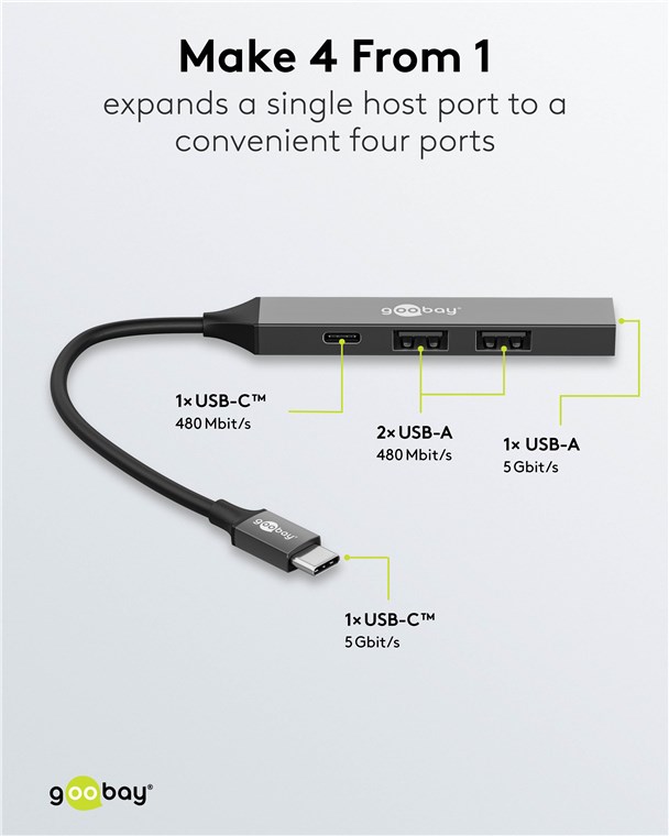 USB-Hub Goobay USB Type-C 4-Port USB3.0/2.0 grau