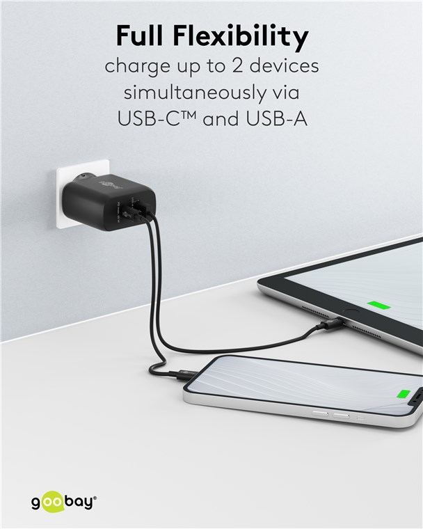 USB-Netzteil Goobay 1xUSB-C 1xUSB-A 4,0A 65W PD GaN schw.