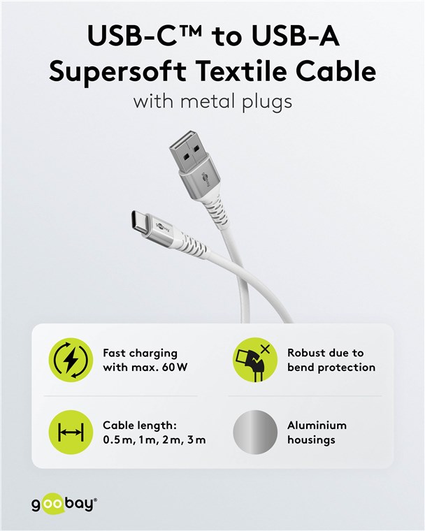 USB-Kabel Goobay USB2.0 Textil A-m/Type-C-m 2,0m 60W weiß