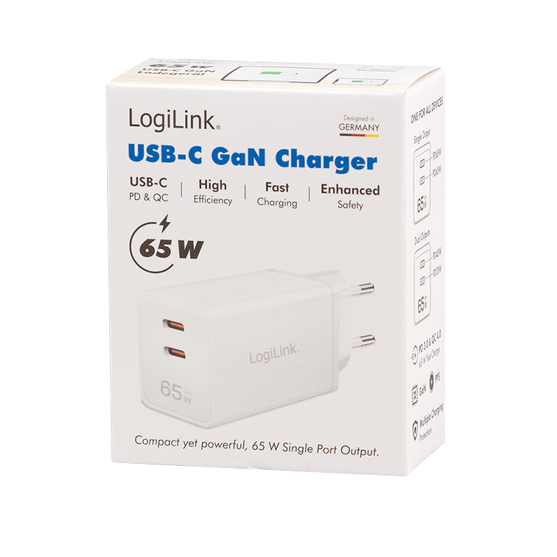USB-Netzteil LogiLink 2xUSB-C 65W PD GaN weiß