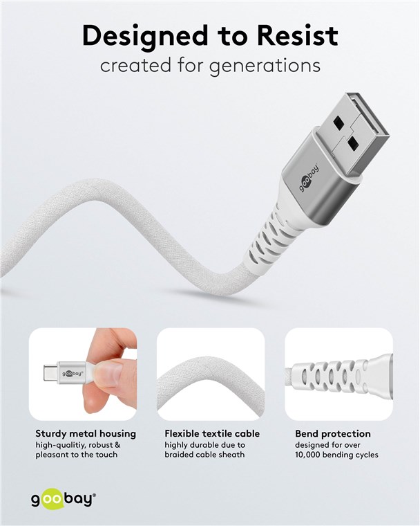 USB-Kabel Goobay USB2.0 Textil A-m/Type-C-m 2,0m 60W weiß