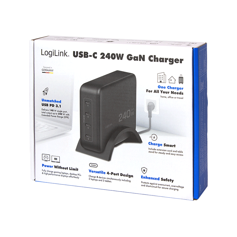 USB-Netzteil LogiLink 4xUSB-C 240W PD3.1 GaN schwarz