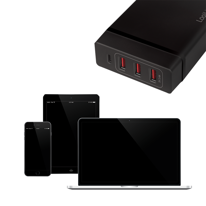 USB-Netzteil LogiLink 1xUSB-C 3xUSB-A 72W PD schwarz