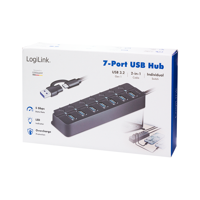 USB-Hub LogiLink Type-A/-C 7-Port USB3.2 schwarz Schalter