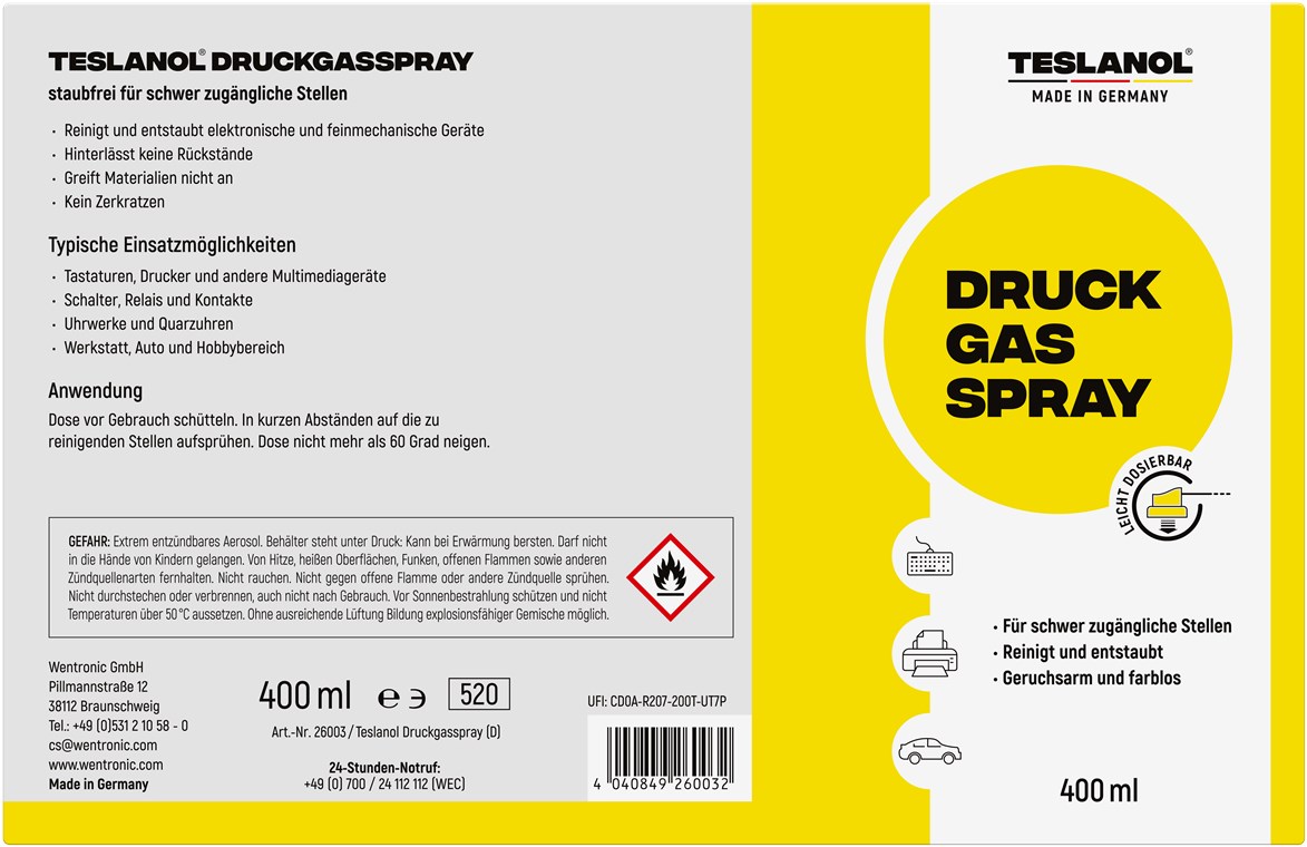 Spray Teslanol Druck-Gas 400ml zum Entfernen von Staub