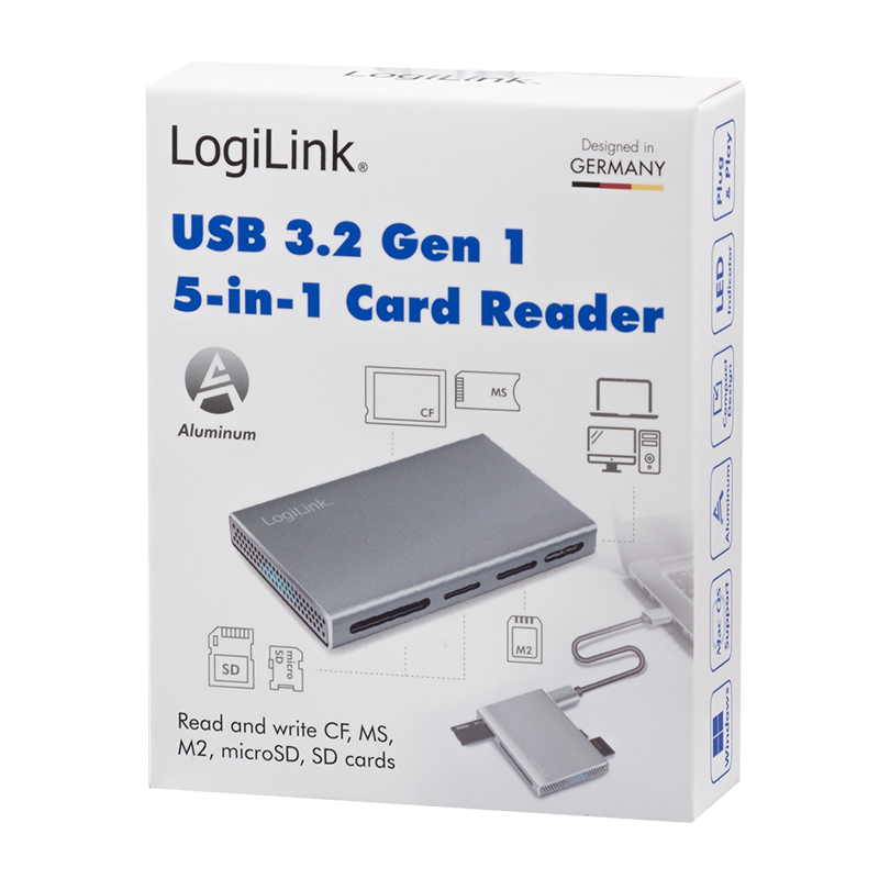 Kartenleser LogiLink 5-in-1 USB3.2 extern silber Metall