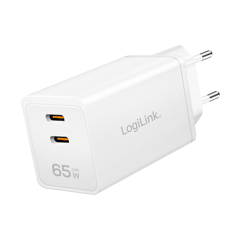 USB-Netzteil LogiLink 2xUSB-C 65W PD GaN weiß