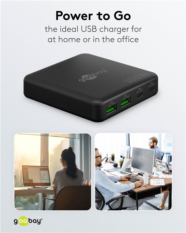 USB-Netzteil Goobay 2xUSB-C 2xUSB-A 100W PD GaN schwarz