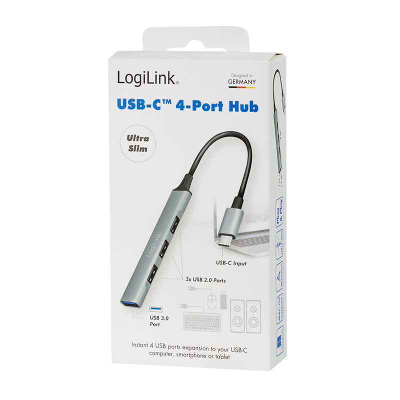 USB-Hub LogiLink USB Type-C 4-Port USB3.2 silber Metall